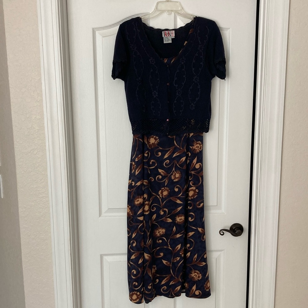 2 piece navy dress with embroidered sweater.